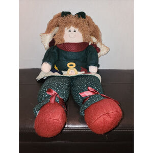 Vintage Folk Art Angel Fabric Cloth Doll With Heart On Wings & Dress 20” Tall